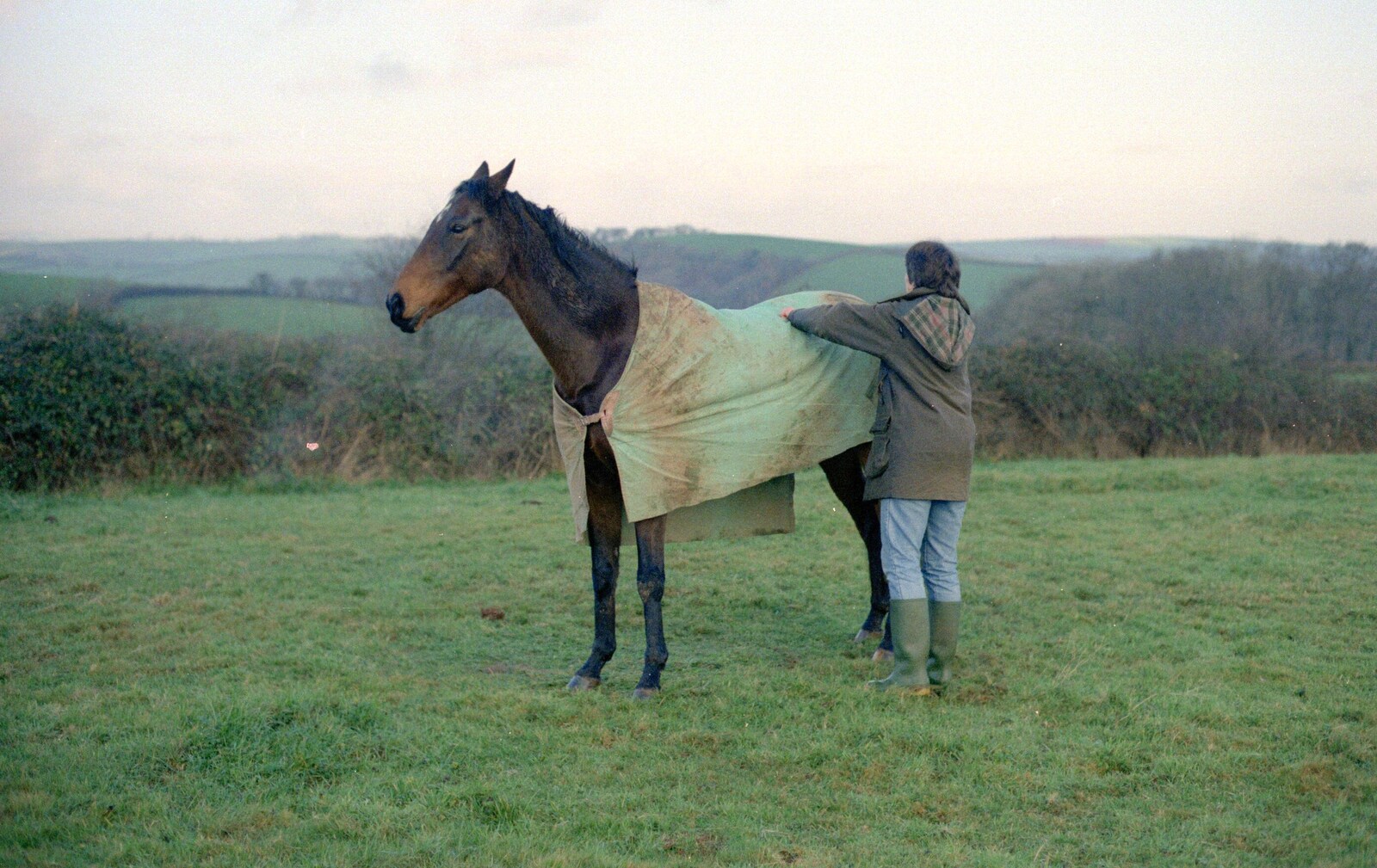 Oberon is rugged up from Uni: Kate, A Lampshade and the Trees of Duloe, Plymouth and Cornwall - 2nd December 1988
