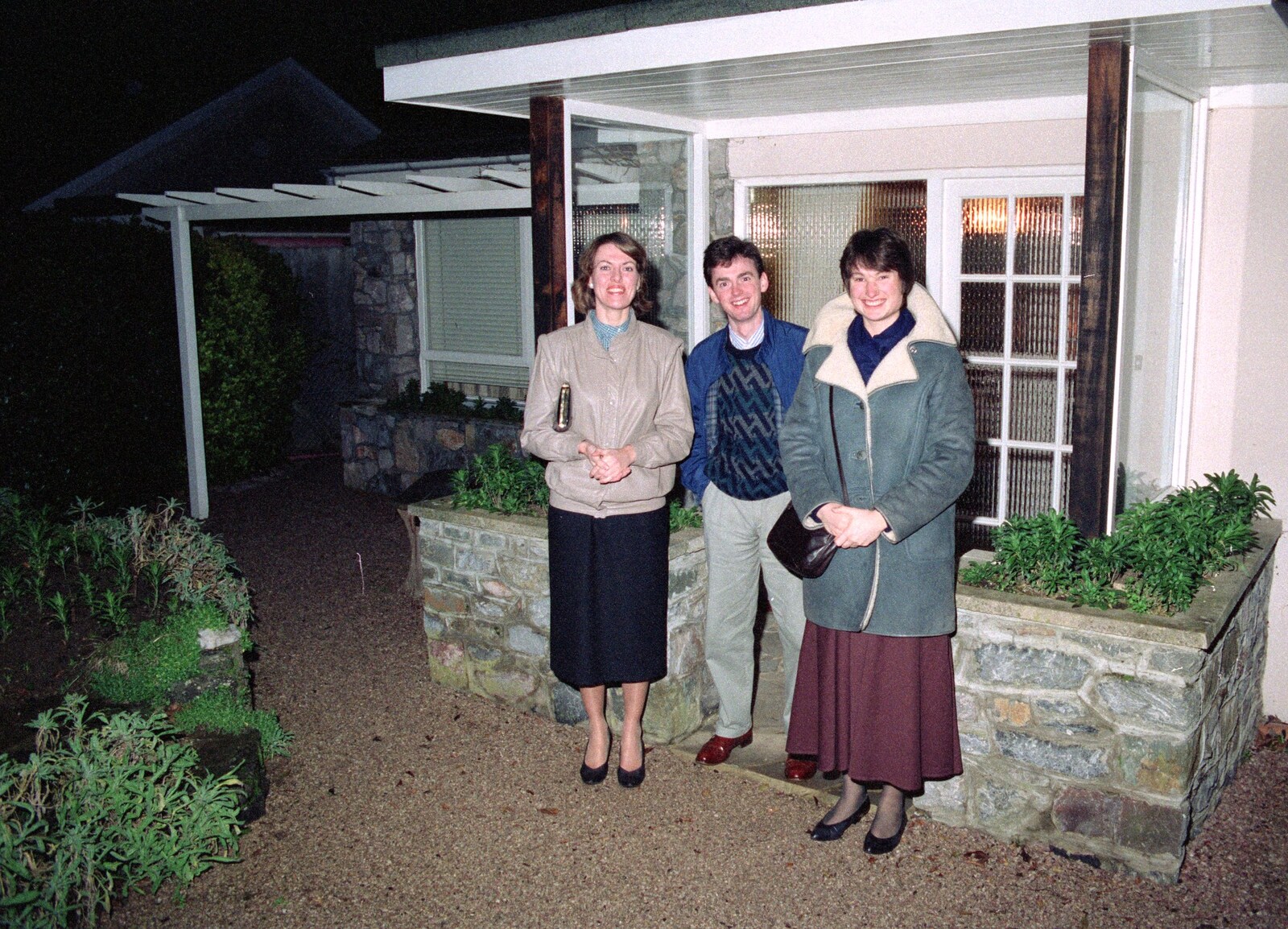 Jane, John and Angela outside John's house from Uni: A Dinner Party, Harbertonford and Buckfastleigh, Devon - 24th December 1988