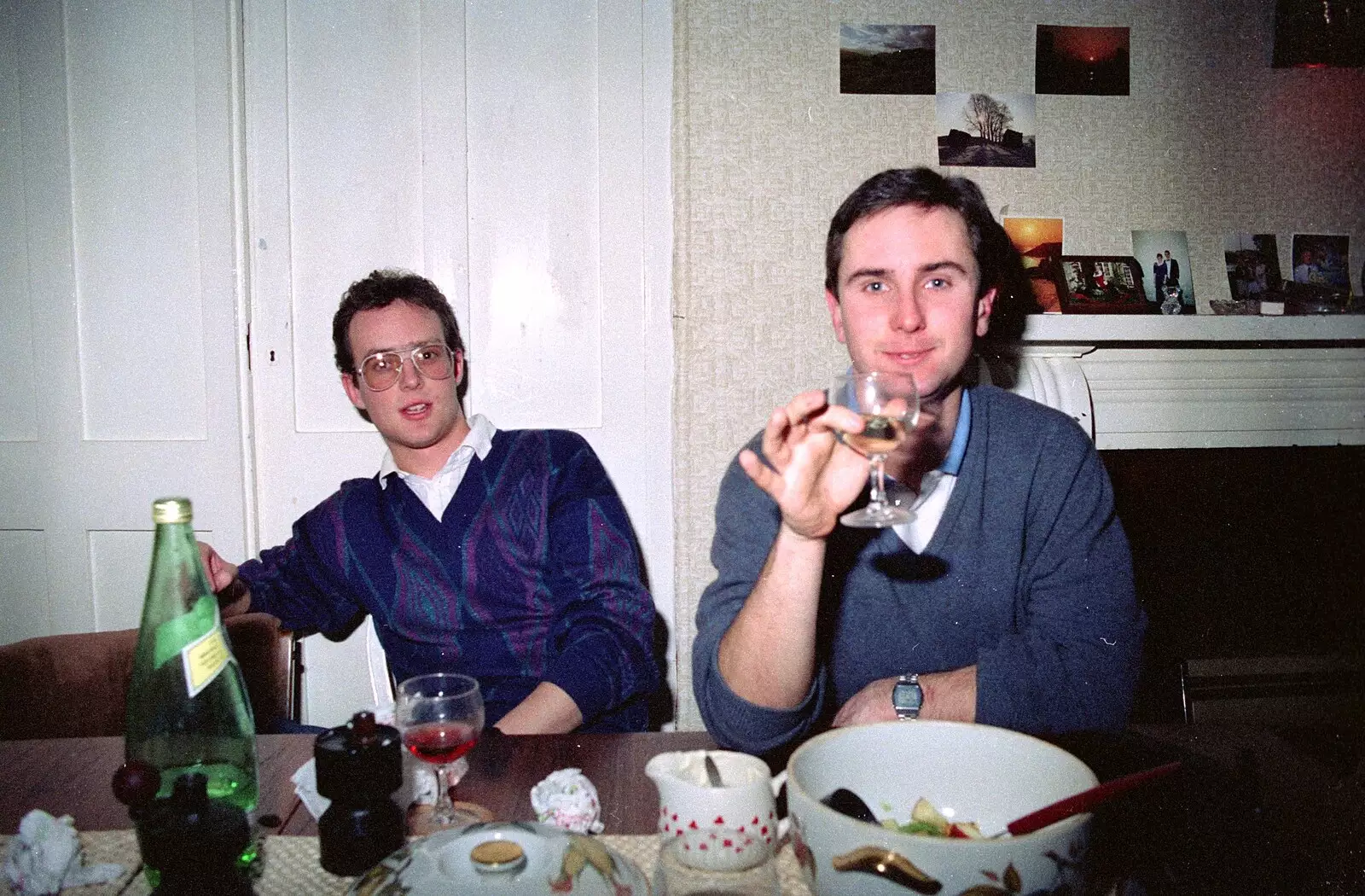 Riki holds up a glass of wine, from Uni: A Dinner Party, Harbertonford and Buckfastleigh, Devon - 24th December 1988