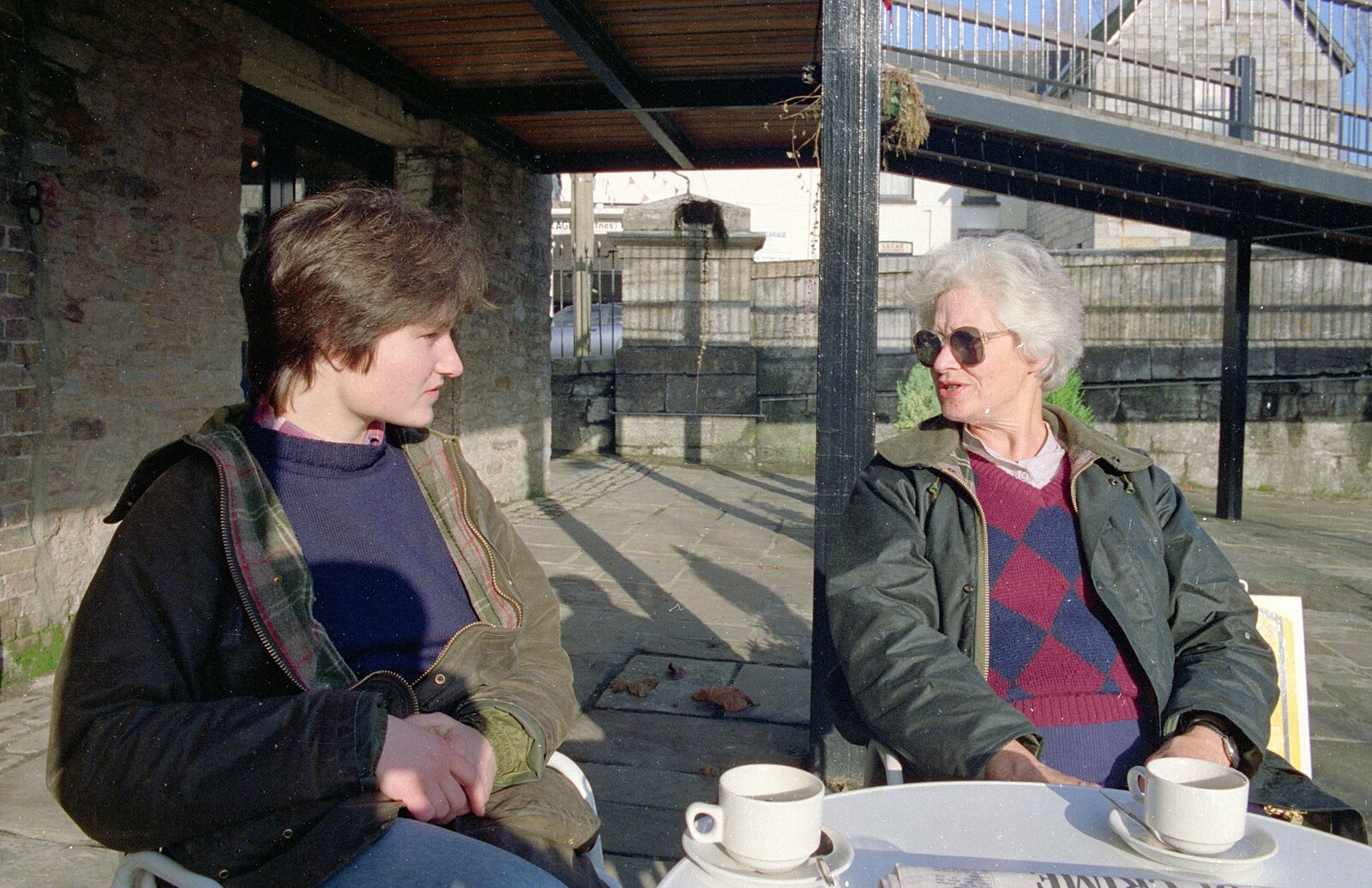 Angela and Diana down by the quay in Totnes from Uni: A Dinner Party, Harbertonford and Buckfastleigh, Devon - 24th December 1988
