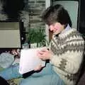 Angela opens a box, Christmas at Pitt Farm, Harbertonford, Devon - 25th December 1988