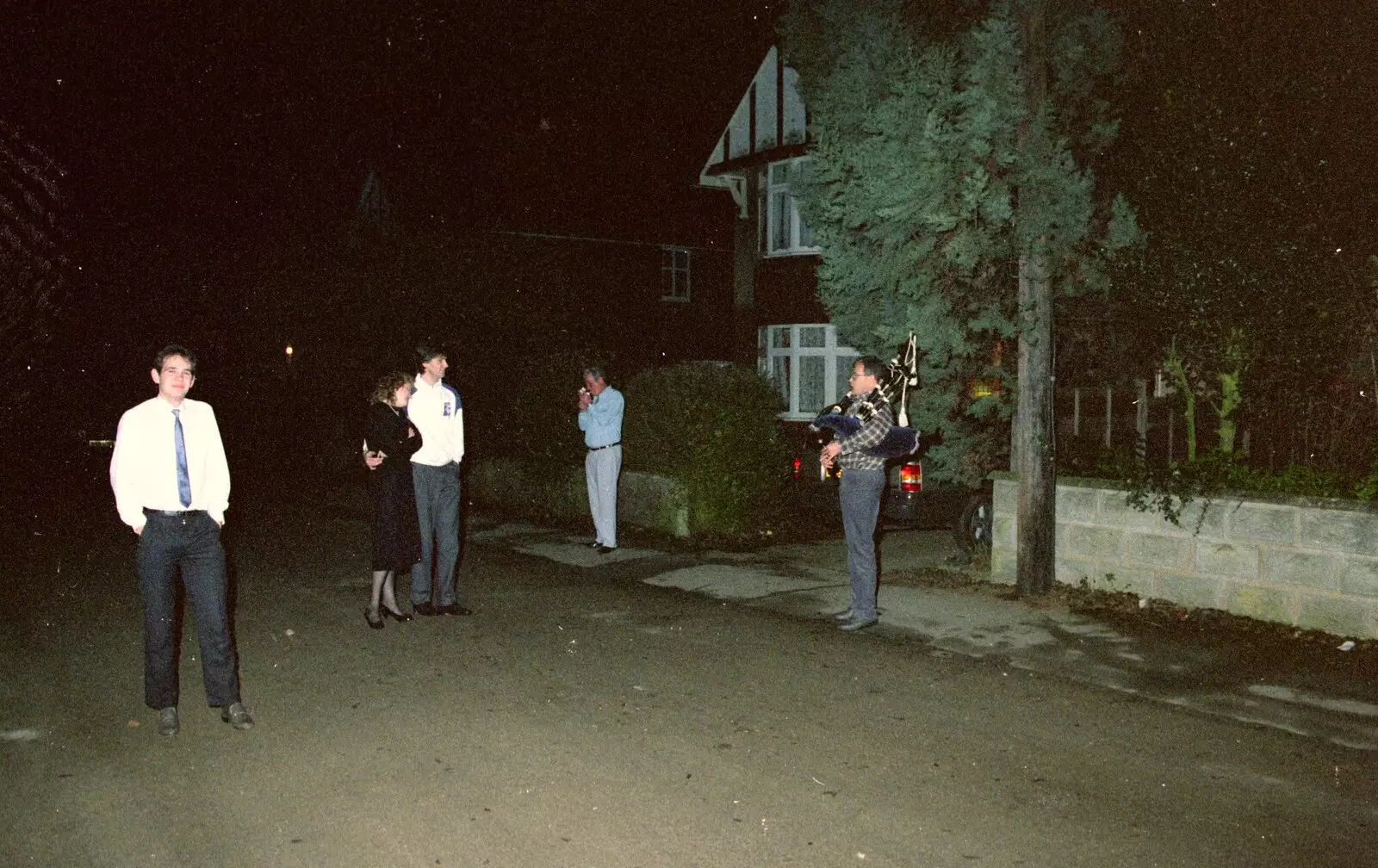 Hamish's dad pipes up for the neighbours, from New Year's Eve at Hamish's, New Milton, Hampshire - 31st December 1988