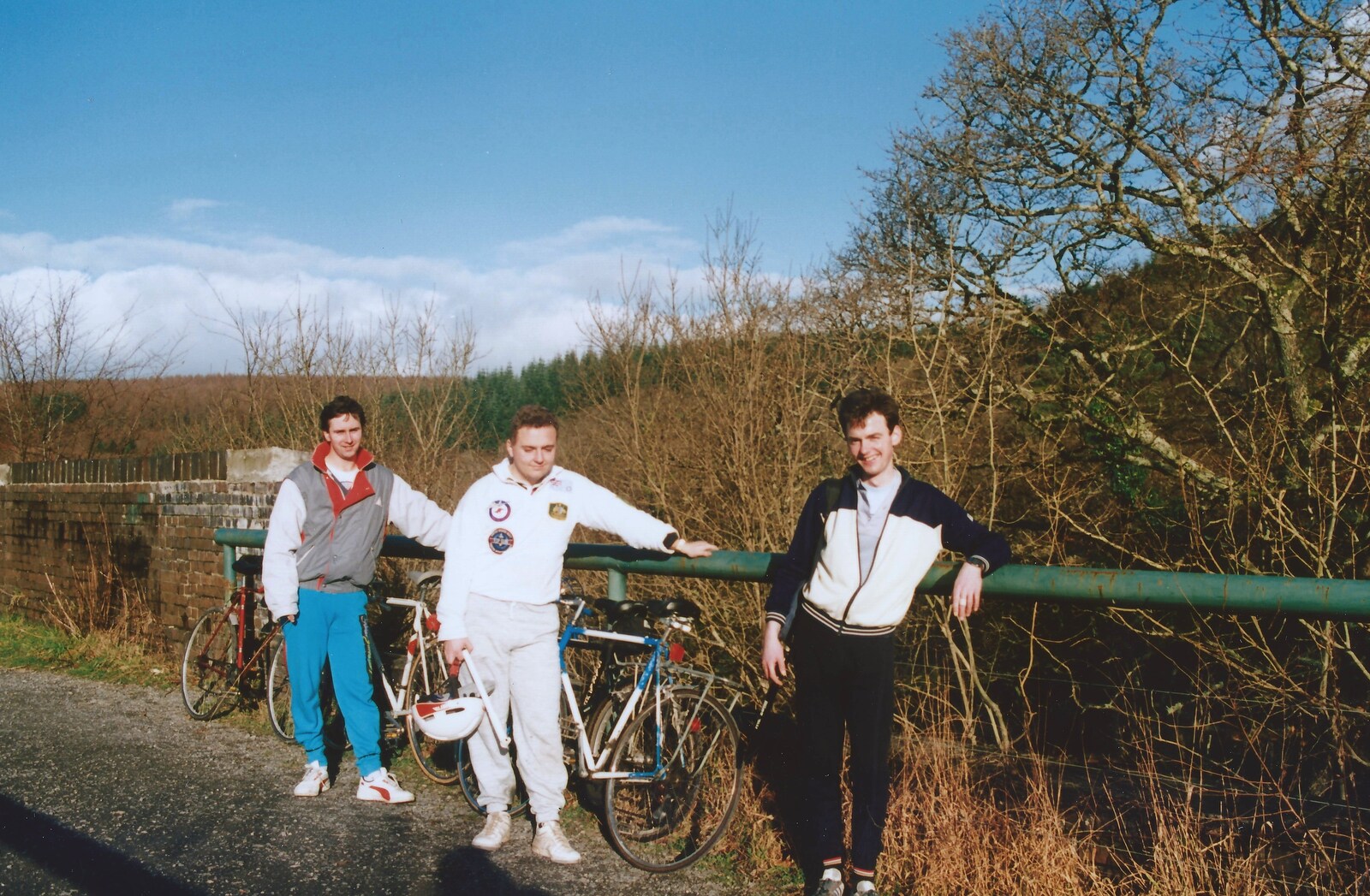 Riki, Feature and John on a railway viaduct from Uni: A Ride on the Plym Valley Cycle Path, Plymstock, Devon - 26th February 1989