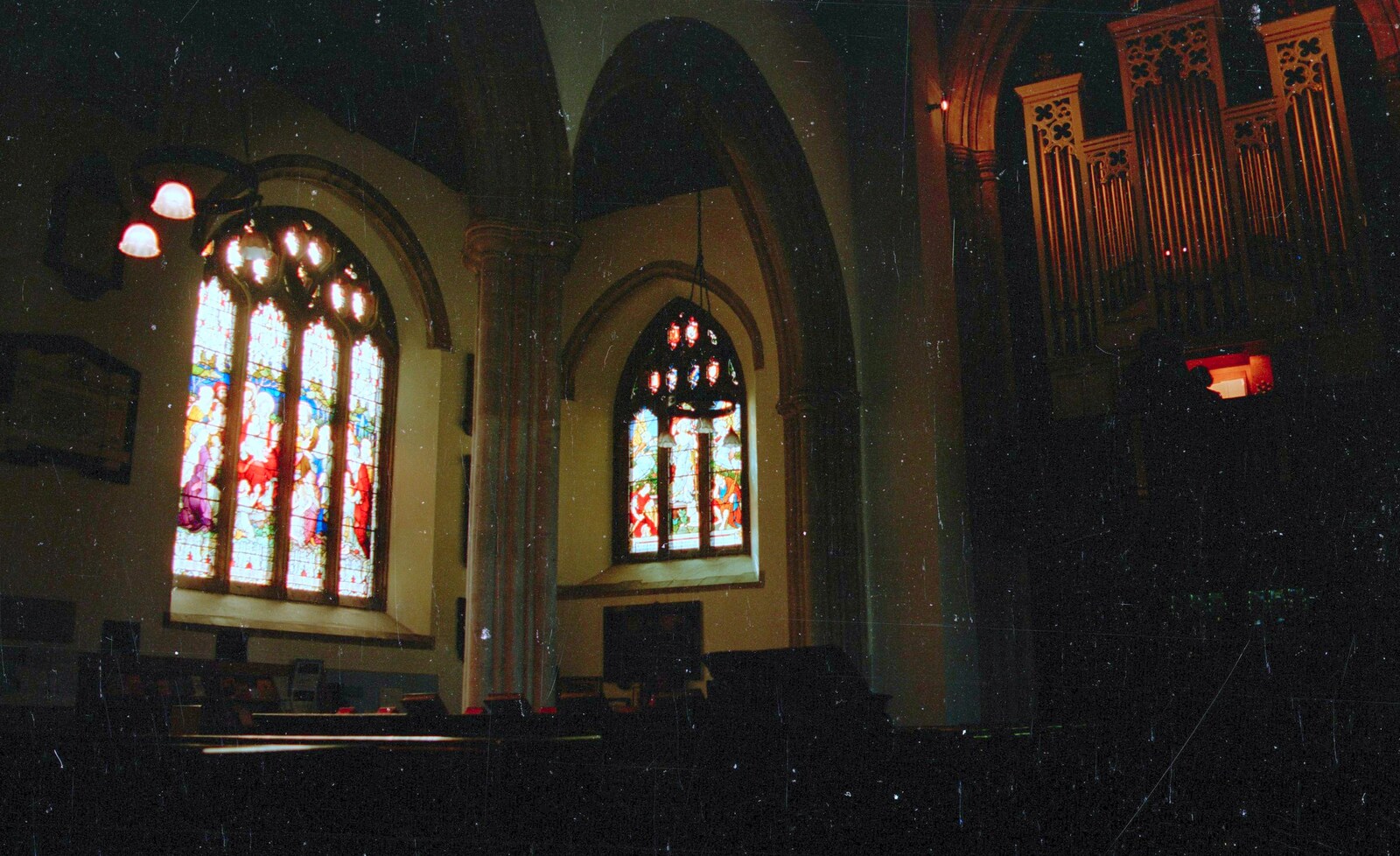 Stained glass and the organ of St. Mary's from Uni: Totnes and Dartmoor Pasties, Devon - 2nd March 1989