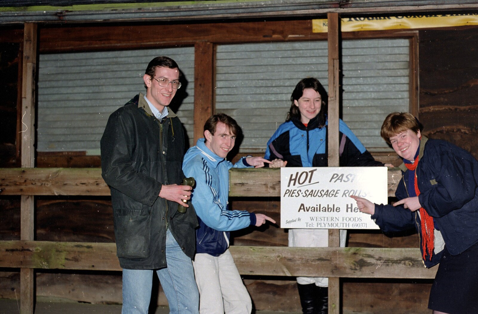 Andy, Dave, Jackie, Kate and a pastie sign from Uni: Totnes and Dartmoor Pasties, Devon - 2nd March 1989