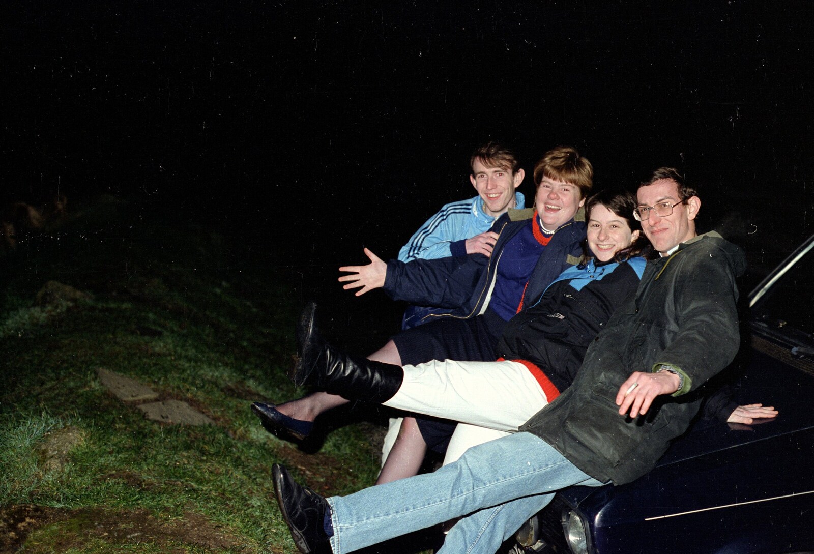 The gang on the bonnet of Kate's VW Golf from Uni: Totnes and Dartmoor Pasties, Devon - 2nd March 1989