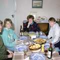 Jane, ?, Kate, Dave 'Trotsky' and Angela eat a Nosher Sunday roast, Uni: Wembury and Slapton, Devon - 18th March 1989
