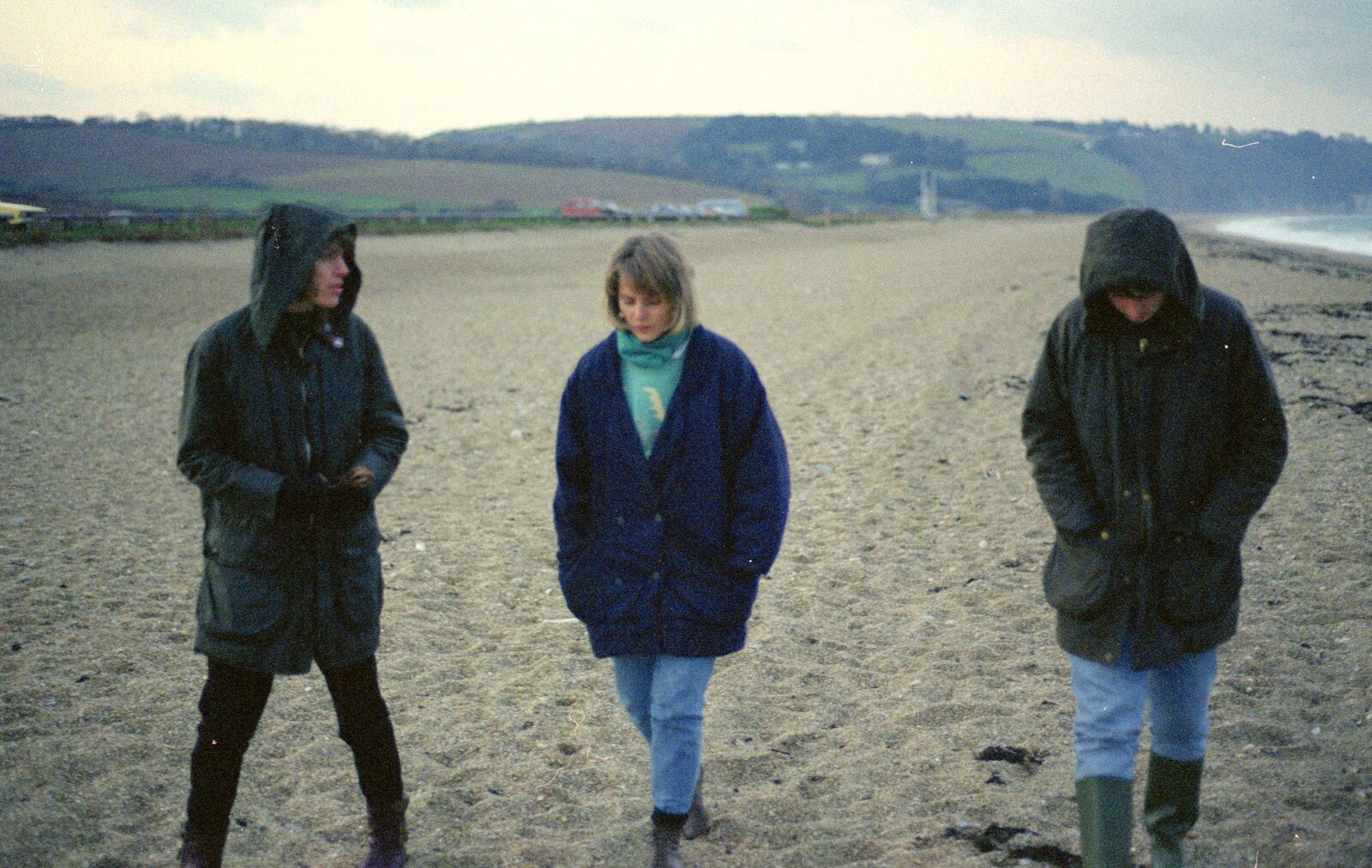 Jane, ? and Angela stride along the beach from Uni: Wembury and Slapton, Devon - 18th March 1989