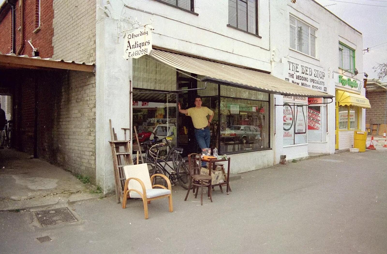 Jon outside the front of the antique shop, from Barton-on-Sea and Farnborough Miscellany, Hampshire - 26th March 1989