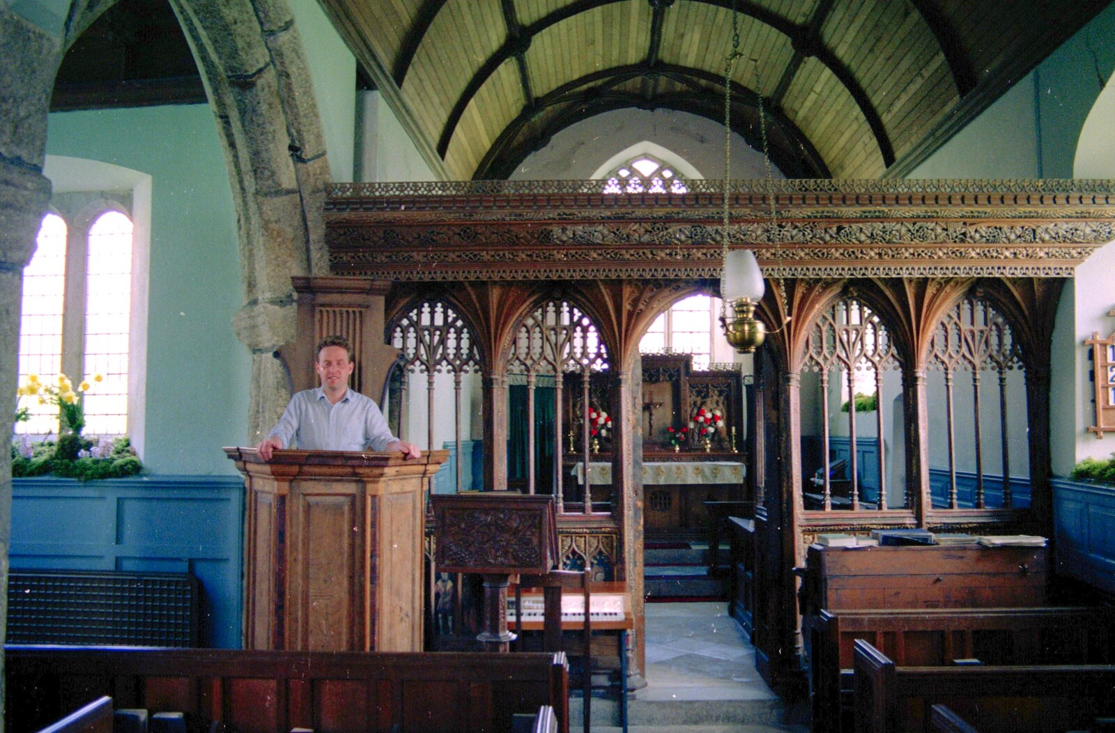 Andrew Crosbie in St. Pancras Church, Widdecombe from Uni: Dartmoor Night and Day, Dartmouth and a bit of Jiu Jitsu, Devon - 29th April 1989