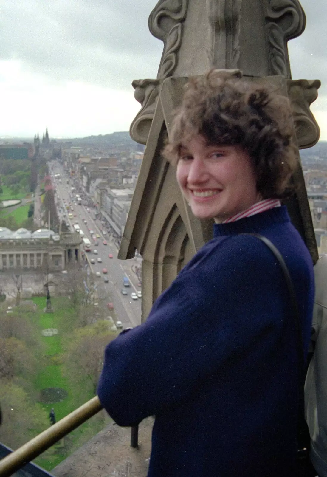 Angela at the top of the Scott Monument, from Uni: A Trip To Glasgow and Edinburgh, Scotland - 15th May 1989