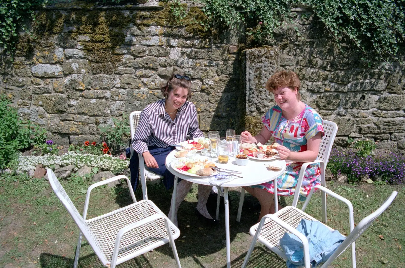 Michelle and Kate in a pub garden in Shaftesbury, from Uni: A Trip to Yeovil, Shaftesbury, and the Tamar Bridge - 28th May 1989