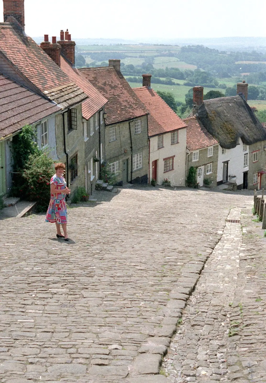 Kate looks back up Gold Hill, Shaftesbury, from Uni: A Trip to Yeovil, Shaftesbury, and the Tamar Bridge - 28th May 1989