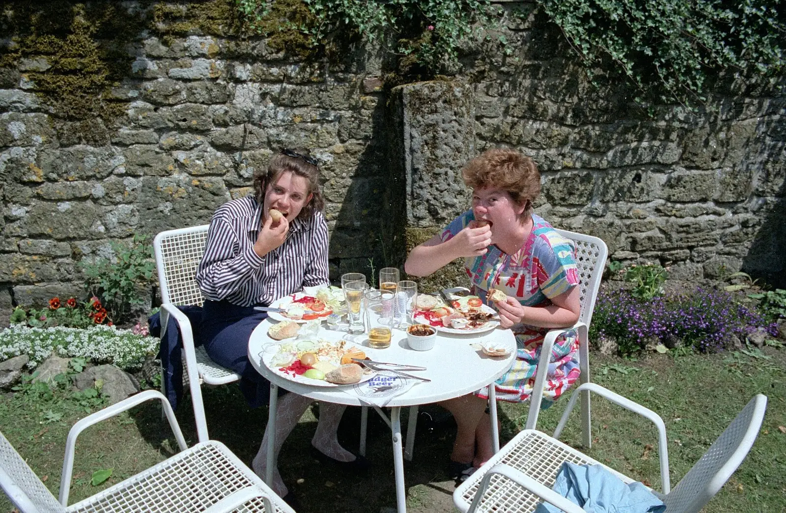 Michelle and Kate get stuck in to a Ploughman's, from Uni: A Trip to Yeovil, Shaftesbury, and the Tamar Bridge - 28th May 1989