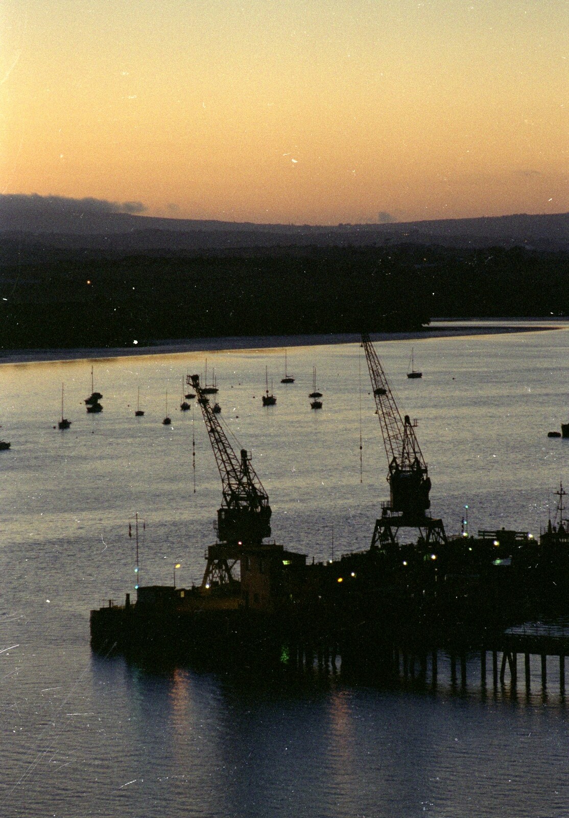 Uni: A Trip to Swindon, Shaftesbury, and the Tamar Bridge, Wiltshire, Dorset and Devon - 28th May 1989: Cranes on an evening river Tamar