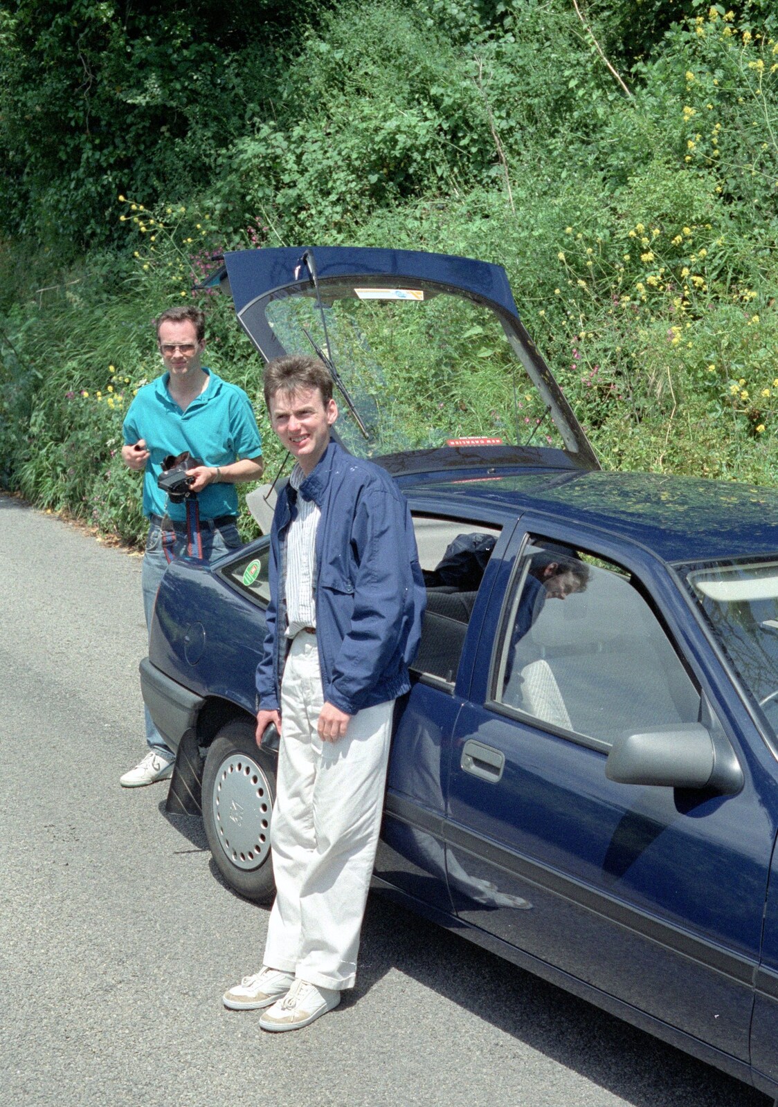 Chris and John hang around by the car from Uni: An End-of-it-all Trip to Land's End, Cornwall - 13th June 1989