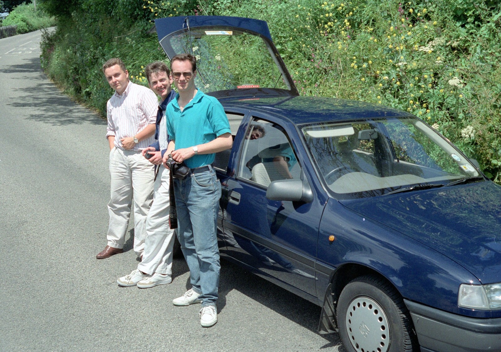 Andy, John and Chris by the car from Uni: An End-of-it-all Trip to Land's End, Cornwall - 13th June 1989