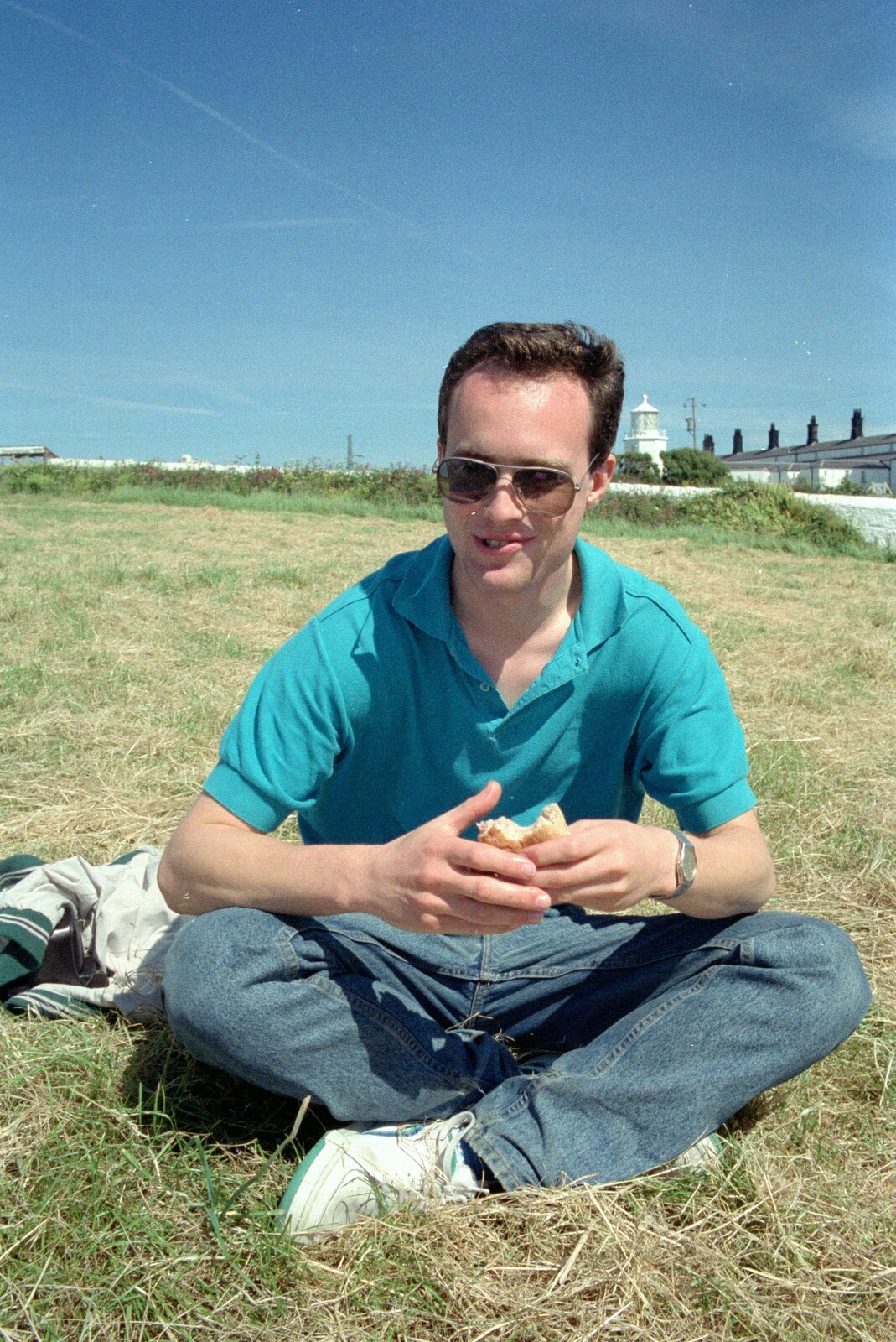 Chris eats a roll from Uni: An End-of-it-all Trip to Land's End, Cornwall - 13th June 1989