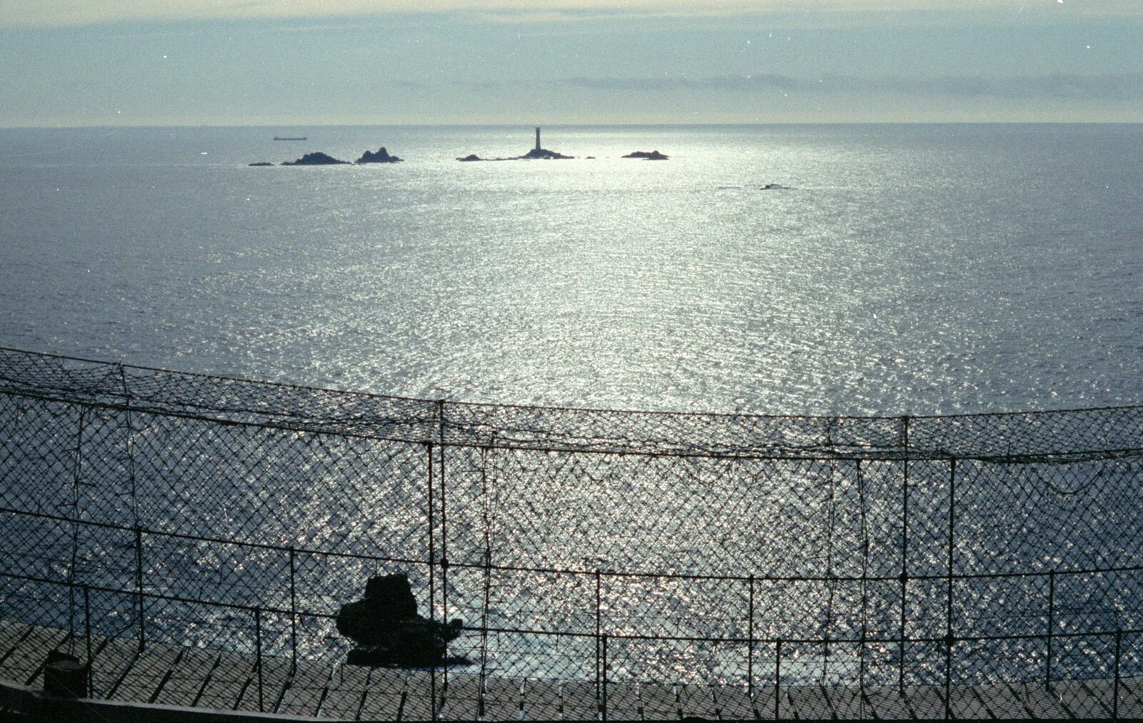 A rop-covered footbridge, and the Eddystone lighthouse from Uni: An End-of-it-all Trip to Land's End, Cornwall - 13th June 1989