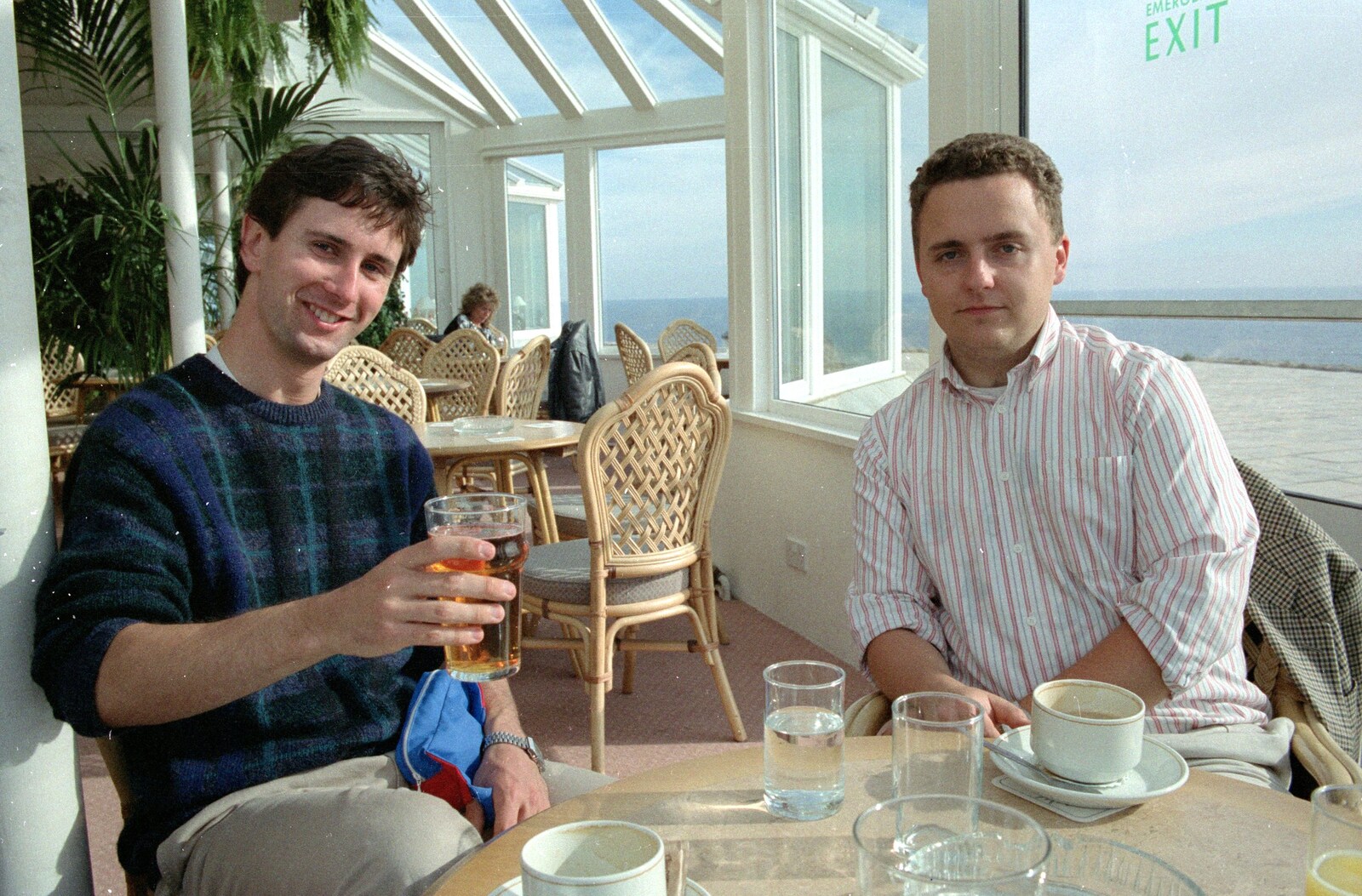 Riki and Andy have cider/coffee from Uni: An End-of-it-all Trip to Land's End, Cornwall - 13th June 1989