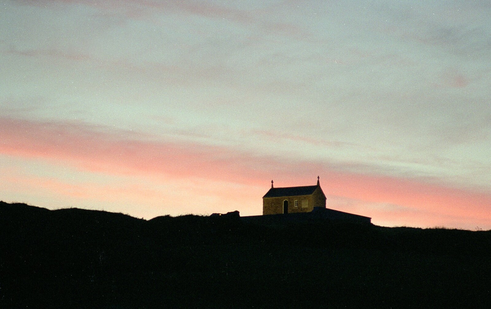 A lonely hut on the cliff is lit by sodium light from Uni: An End-of-it-all Trip to Land's End, Cornwall - 13th June 1989