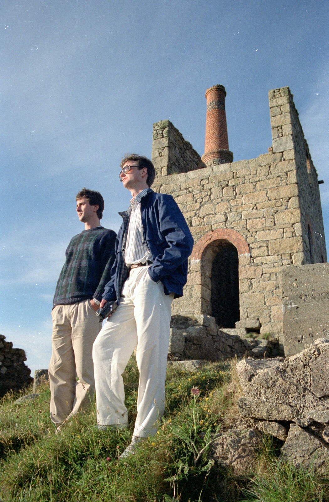 Riki and John look moody by a tin mine from Uni: An End-of-it-all Trip to Land's End, Cornwall - 13th June 1989