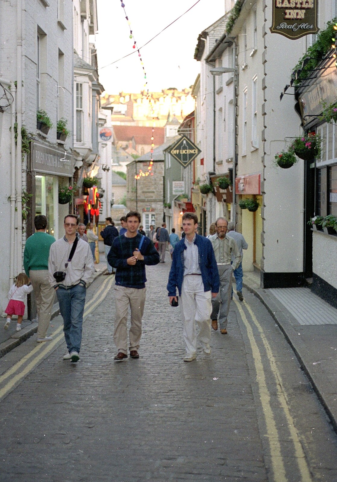 Chris, Riki and John on Fore Street in St. Ives from Uni: An End-of-it-all Trip to Land's End, Cornwall - 13th June 1989