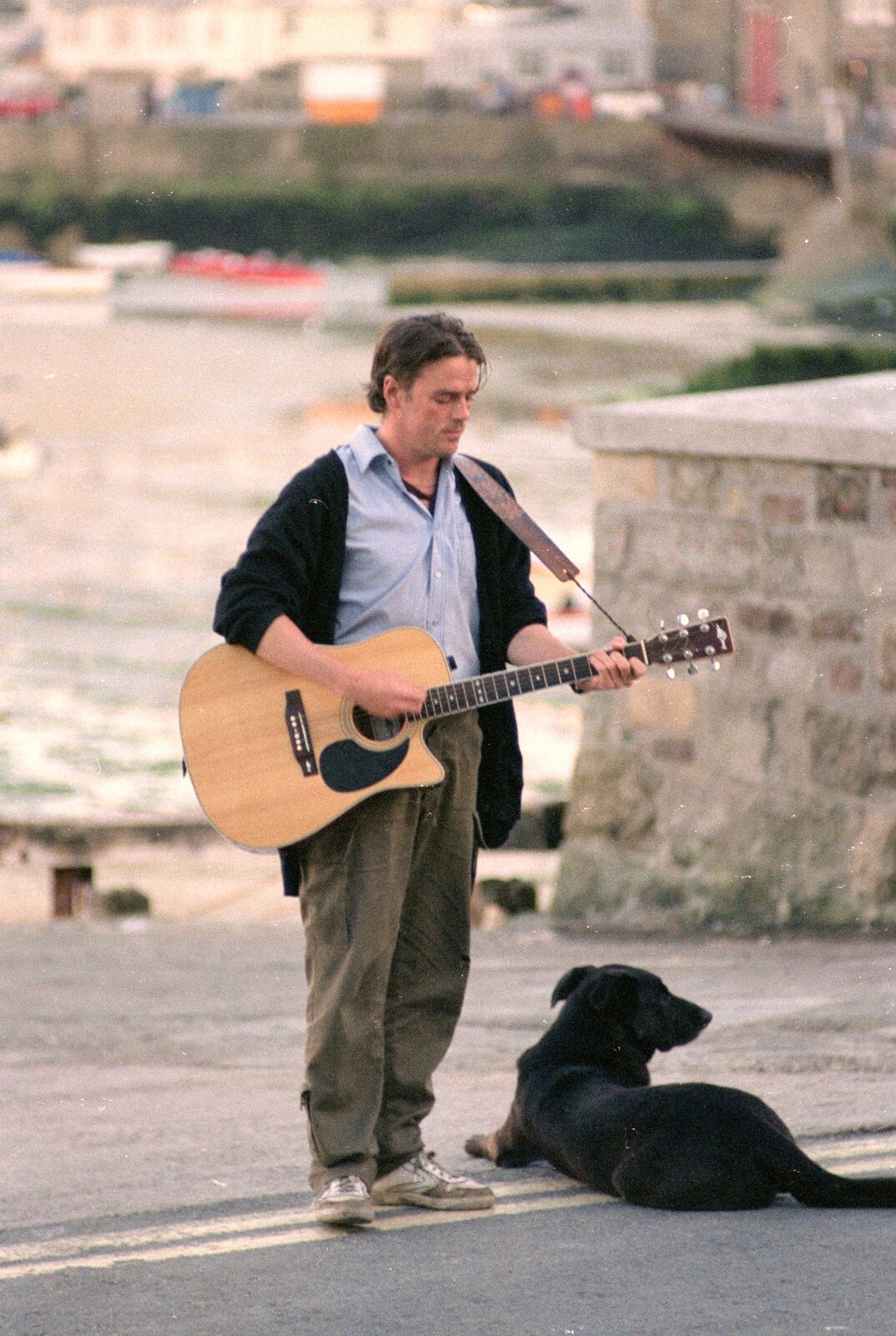 A busker plays guitar as his dog waits from Uni: An End-of-it-all Trip to Land's End, Cornwall - 13th June 1989