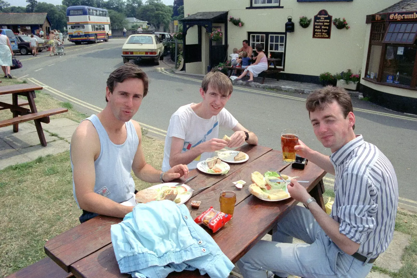 Riki, Dave and John outside the Edgcumbe Arms, from Uni: A Trip to Mount Edgcumbe, Cornwall - 17th June 1989