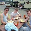 Riki, Dave and John outside the Edgcumbe Arms, Uni: A Trip to Mount Edgcumbe, Cornwall - 17th June 1989