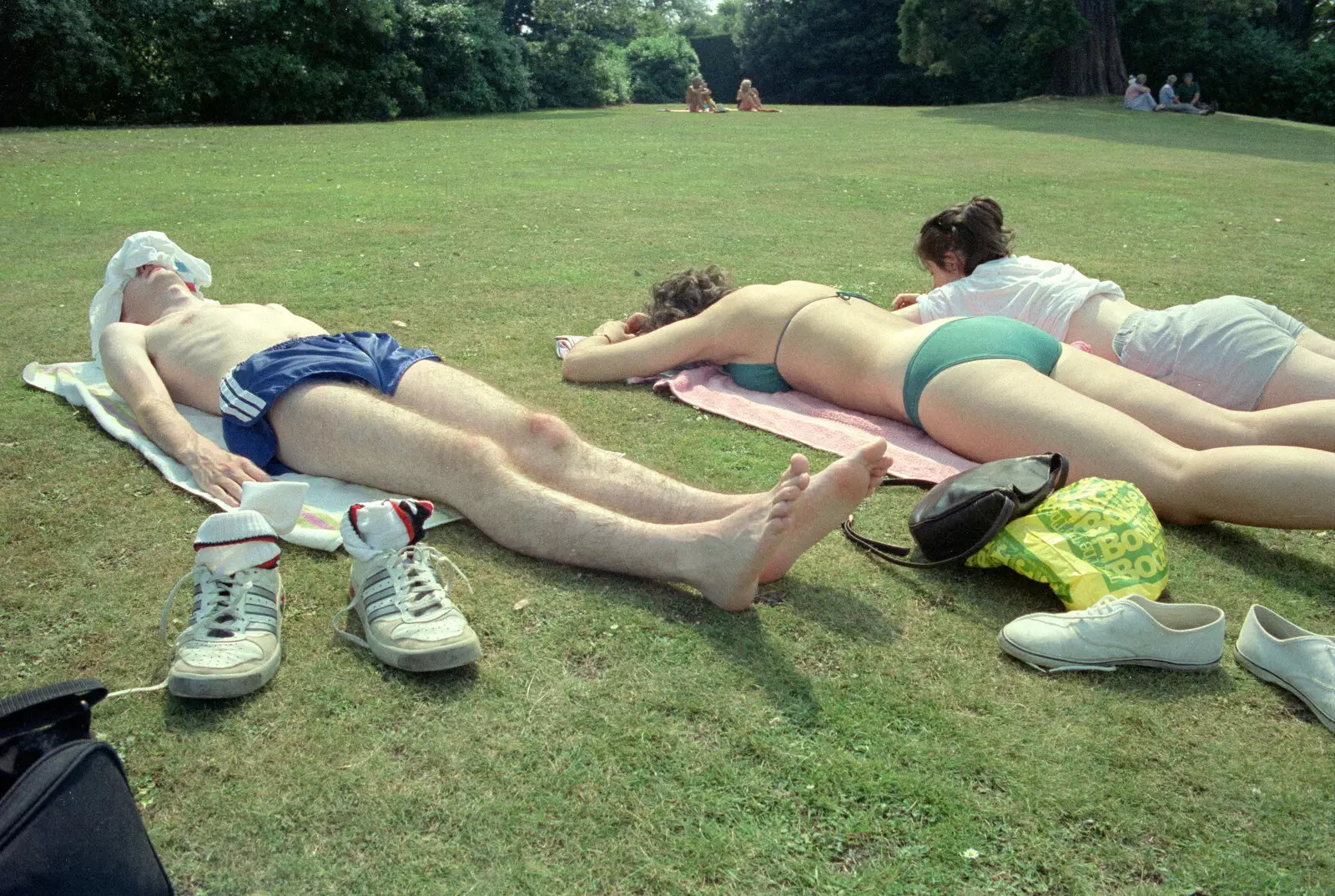 Dave, Angela and Jackie get some sun, from Uni: A Trip to Mount Edgcumbe, Cornwall - 17th June 1989