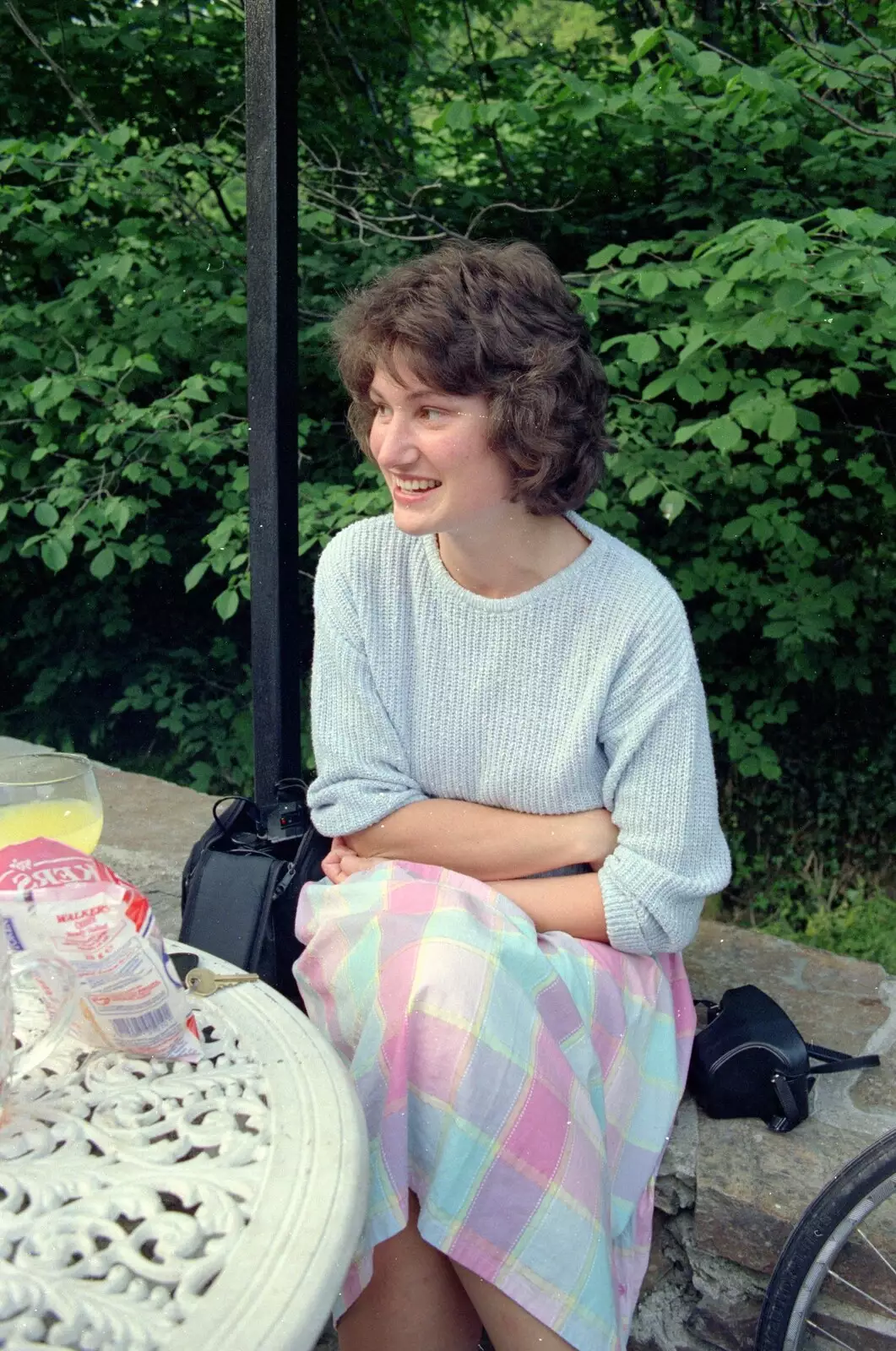 Angela sits on the wall at the Milton Combe pub, from Uni: A Trip to Mount Edgcumbe, Cornwall - 17th June 1989