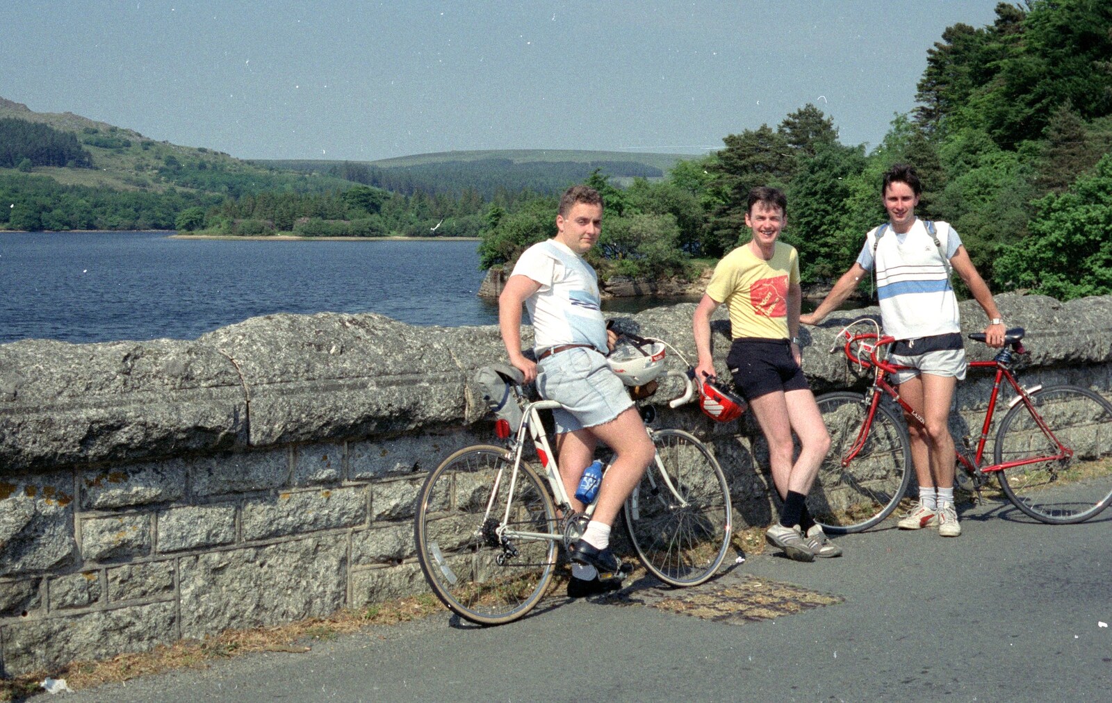 Andy, John and Riki on the dam at Burrator from Uni: A Burrator Bike Ride, Dartmoor - 20th June 1989