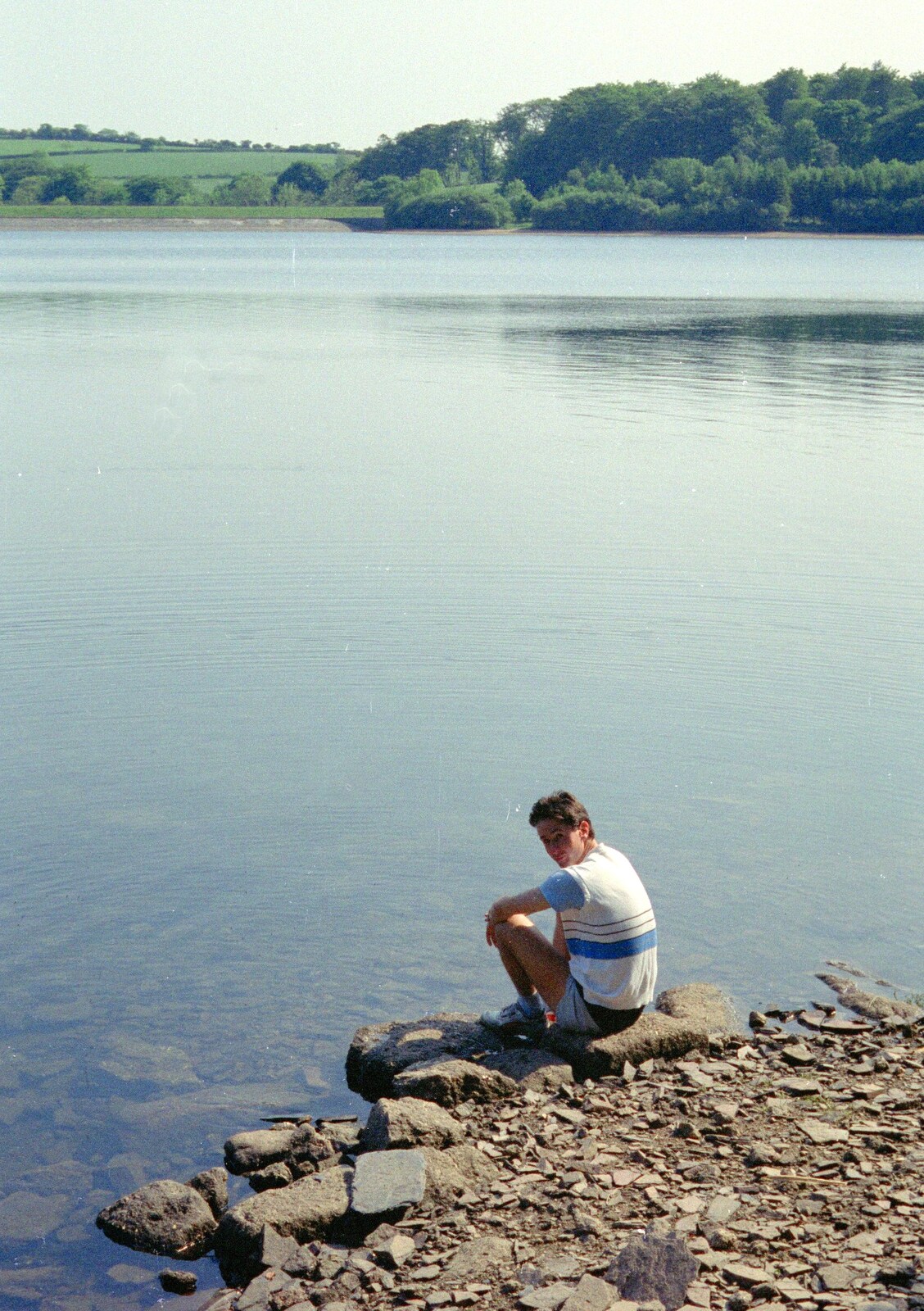 Riki contemplates life by the resevoir from Uni: A Burrator Bike Ride, Dartmoor - 20th June 1989