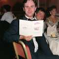 Riki holds up the menu, Uni: The BABS End-of-Course Ball, New Continental Hotel, Plymouth - 21st June 1989