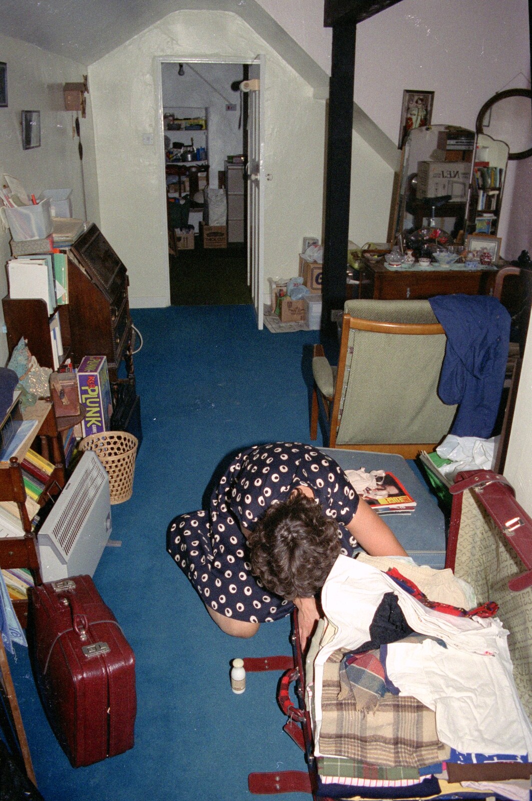 Angela rummages in the basement flat from Uni: A Trip to the Riviera and Oberon Gets New Shoes, Torquay and Harbertonford, Devon - 3rd July 1989