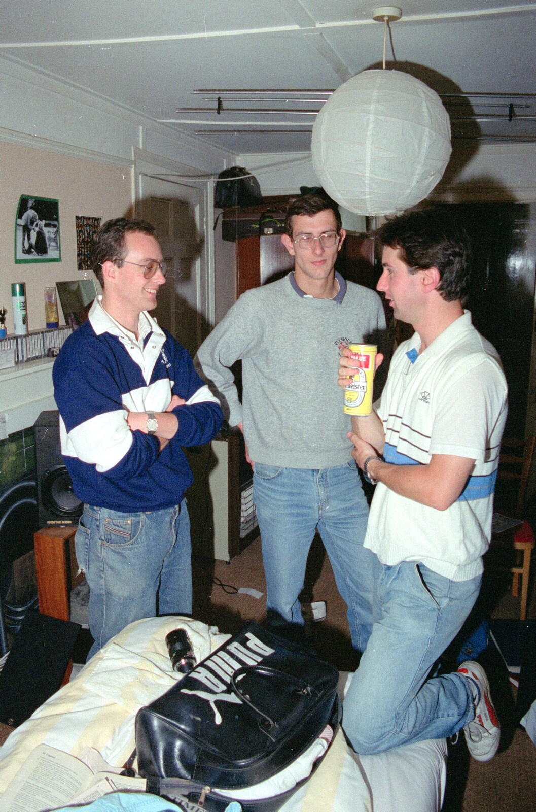 Chris, Dobbs ad Riki in Nosher's room from Uni: Horse Riding on Dartmoor, and Nosher's Bedroom, Shaugh Prior and Plymouth - 8th July 1989