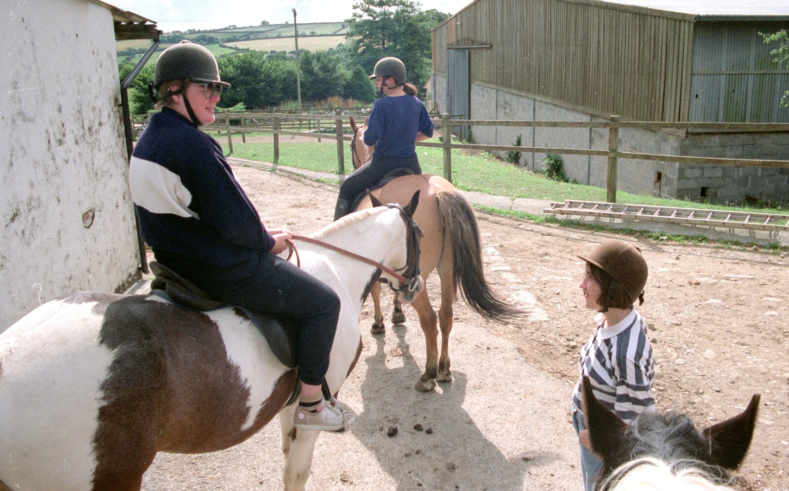 Kate on her piebald nag from Uni: Horse Riding on Dartmoor, and Nosher's Bedroom, Shaugh Prior and Plymouth - 8th July 1989