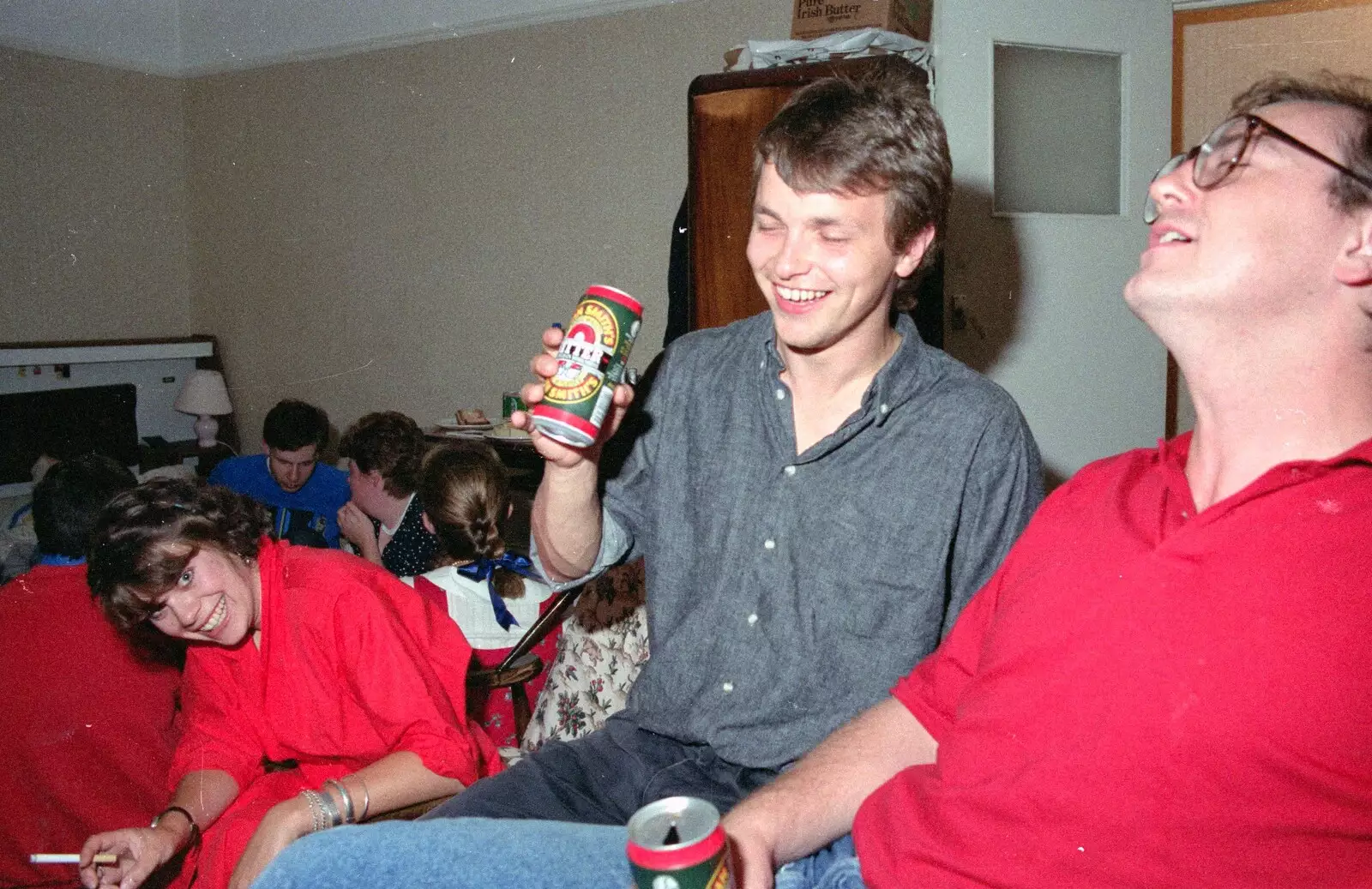 Michelle and the boys on John Smiths, from Uni: A Wyndham Square Economics Party, Stonehouse, Plymouth - 10th July 1989