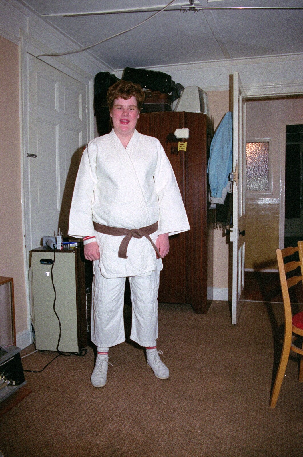 Kate's got some brown-belt Jitsu gear on from Uni: Risky Business, A Wedding Occurs and Dave Leaves, Wyndham Square, Plymouth - 15th July 1989