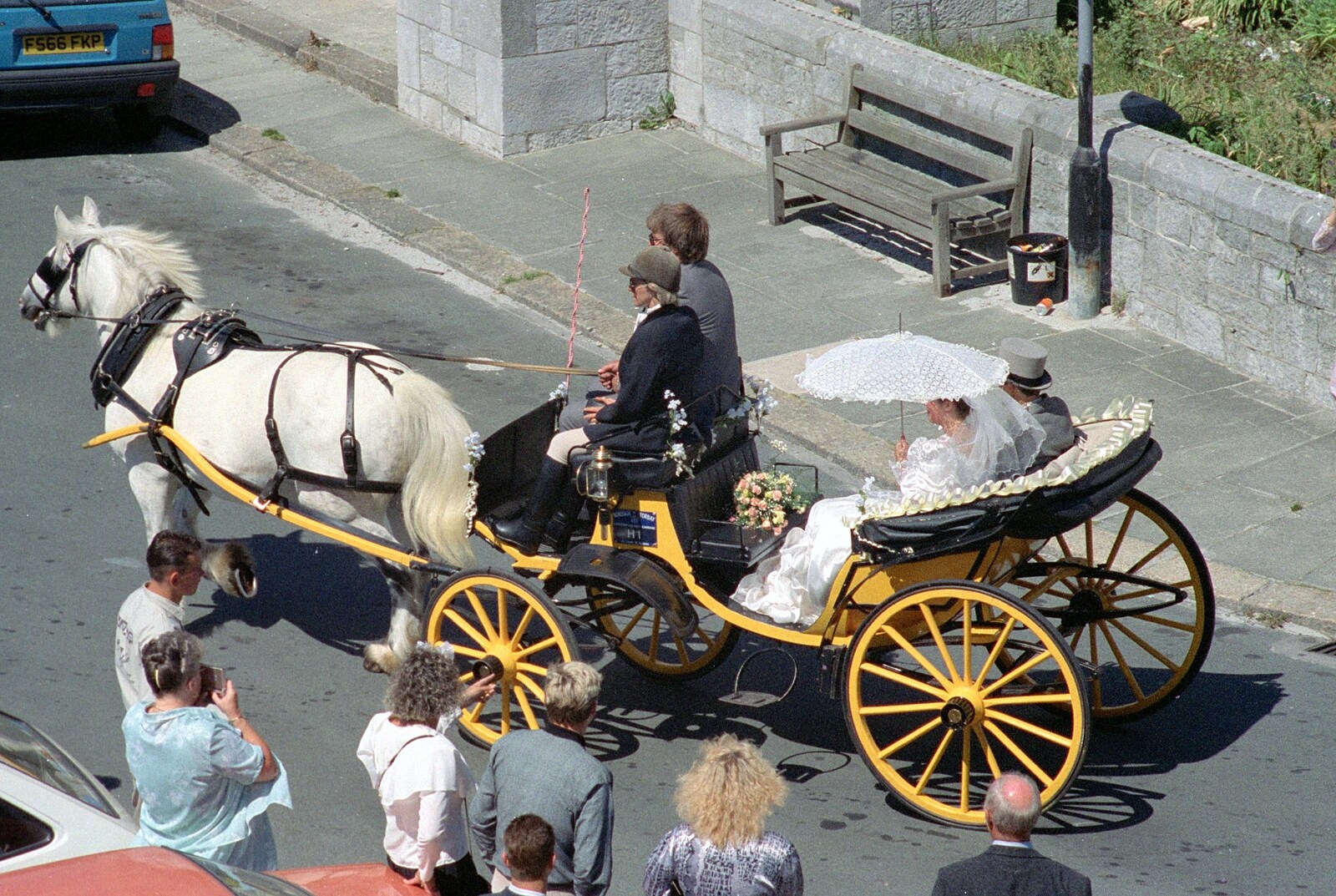 Uni: Risky Business, A Wedding Occurs and Dave Leaves, Wyndham Square, Plymouth - 15th July 1989: The horse-and-cart heads off