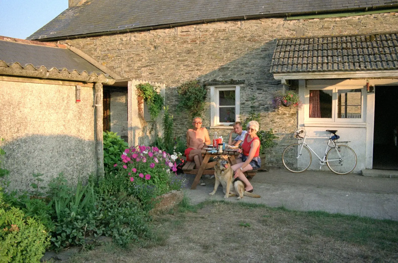 Bill, Nosher, Diana and Marty sit outside, from Summer Days on Pitt Farm, Harbertonford, Devon - 17th July 1989