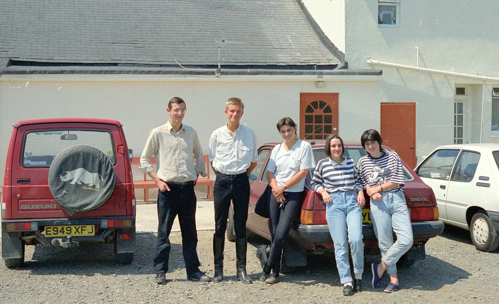 Andy, Nosher, Beccy and Kate's friends, from Summer Days on Pitt Farm, Harbertonford, Devon - 17th July 1989