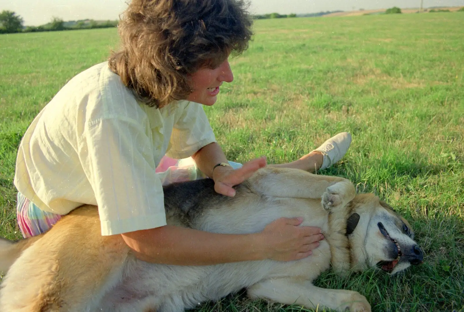 Angela gives Marty a belly scratch, from Summer Days on Pitt Farm, Harbertonford, Devon - 17th July 1989