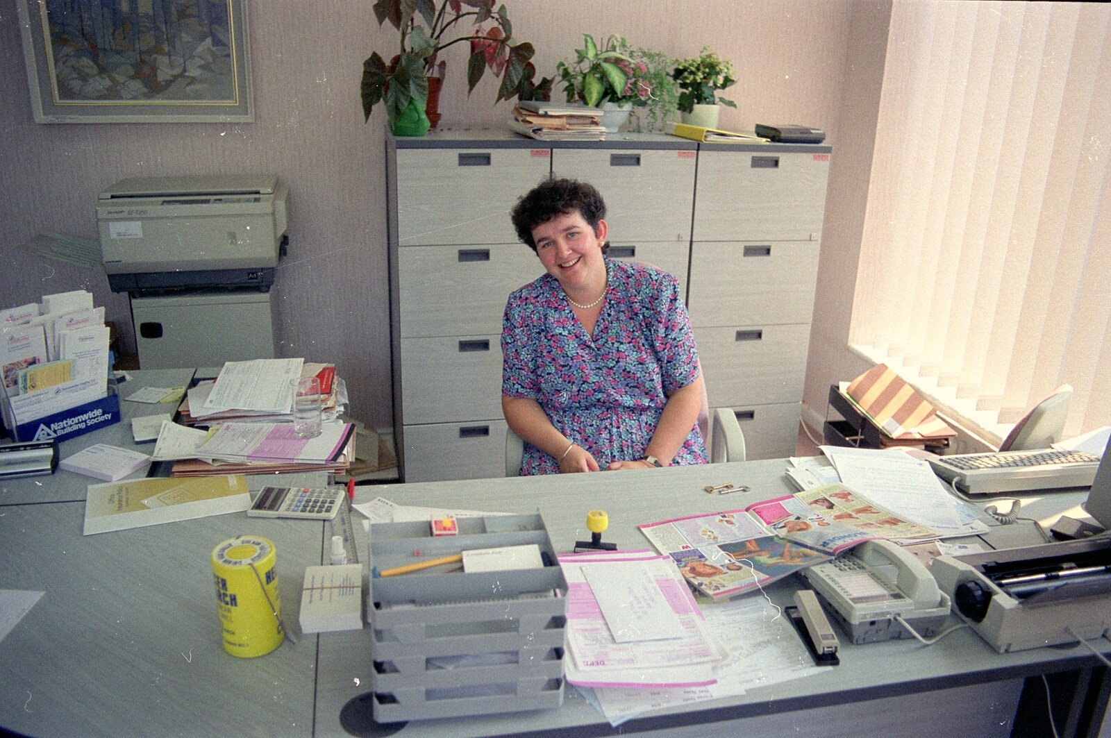 Liz is spotted in an office in Bransgore from Back From Uni: Summer Pruning, Bransgore, Dorset - 25th July 1989