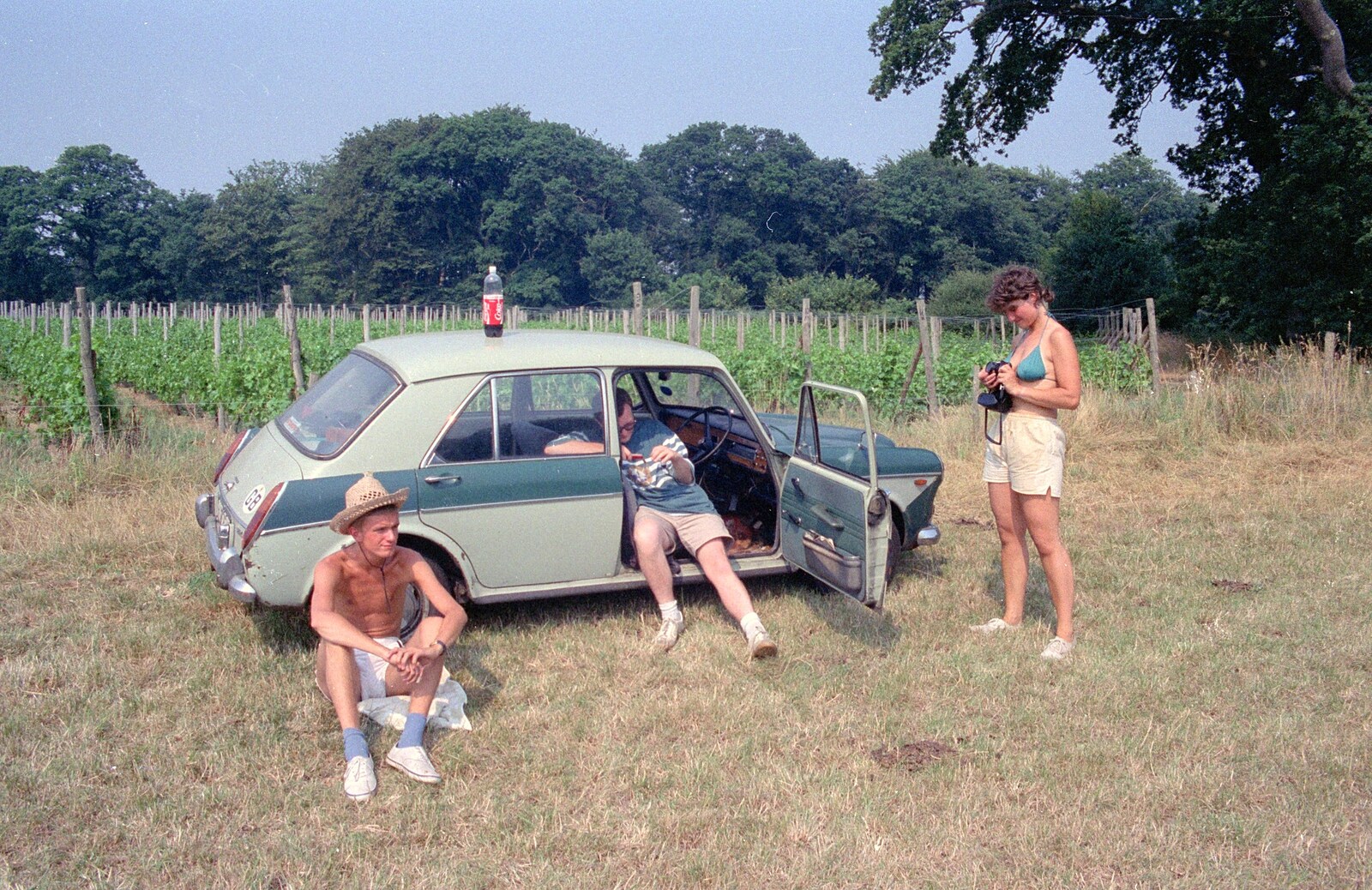 Nosher, Hamish and Angela and Phil's car from Back From Uni: Summer Pruning, Bransgore, Dorset - 25th July 1989