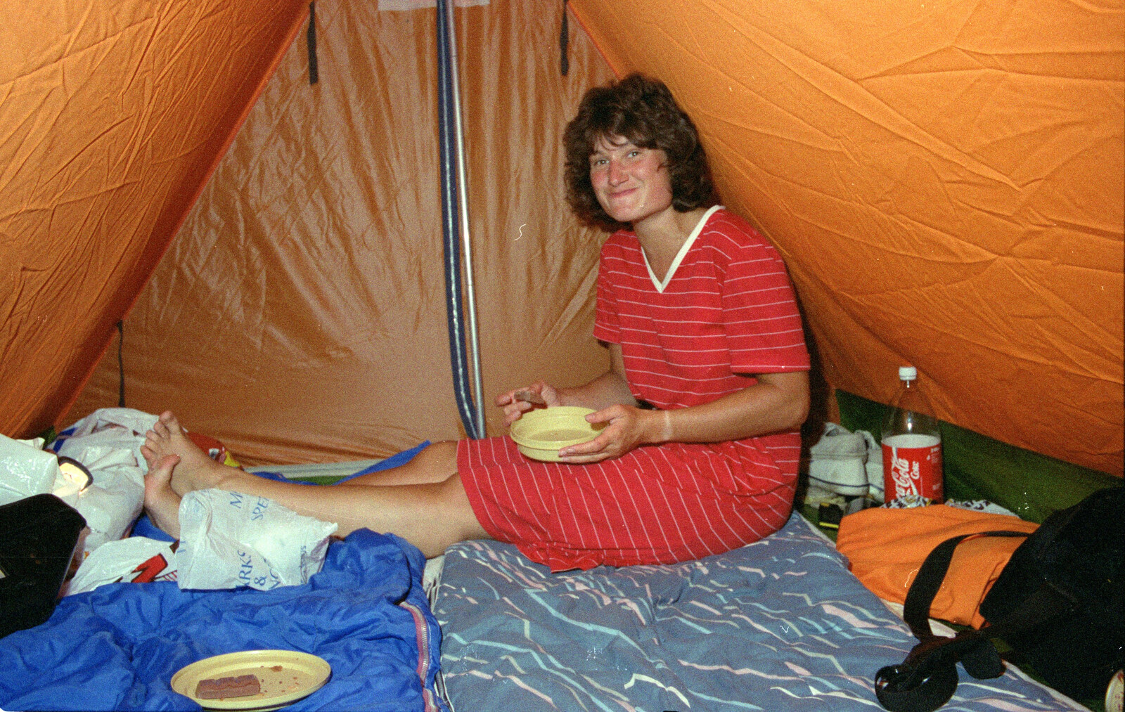 Angela in a tent from Back From Uni: Summer Pruning, Bransgore, Dorset - 25th July 1989