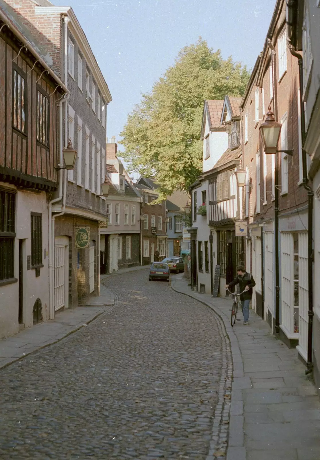 The bottom of Elm Hill in Norwich, from Kite Flying, and an Introduction to BPCC Printec, Diss, Norfolk - 3rd August 1989