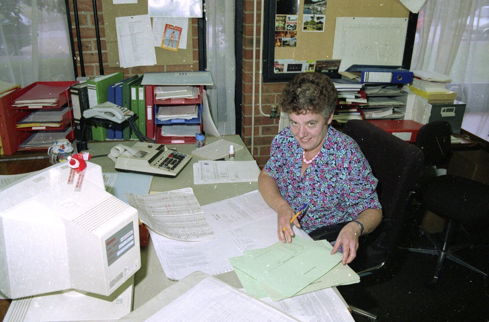 Crispy looks up from her desk from Kite Flying, and an Introduction to BPCC Printec, Diss, Norfolk - 3rd August 1989