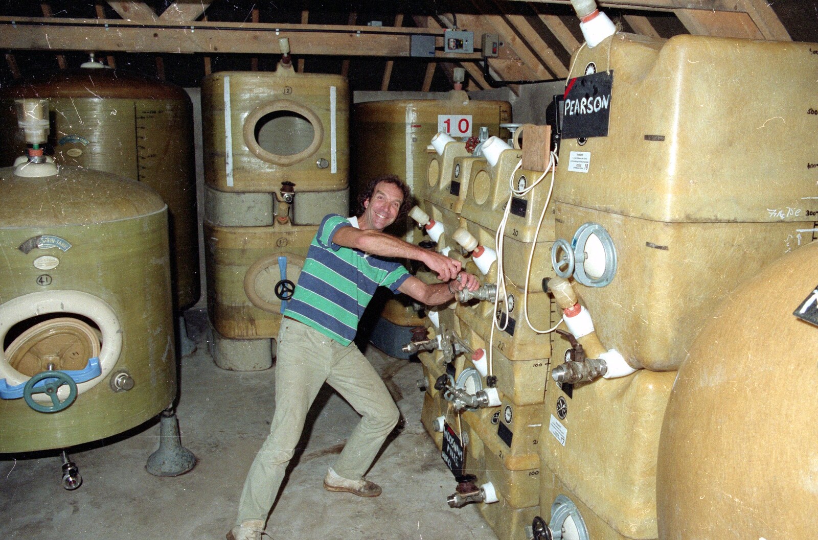 Mike messes around with some fermentation tanks from Harrow Vineyard Harvest and Wootton Winery, Dorset and Somerset - 5th September 1989